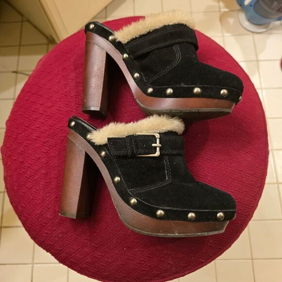 JESSICA SIMPSON BLACK SUEDE FUR TRIMMED MULES - Picture 6 of 7